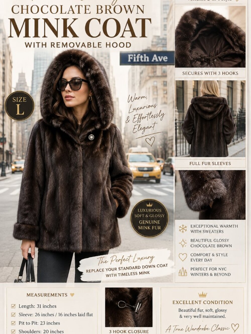 LUXURIOUS CHOCOLATE BROWN REAL MINK COAT REMOVABLE HOOD SIZE L